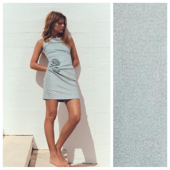 NWT. Zara Sky Blue Metallic Thread Mini Dress with Embossed Flowers. Size M. - Picture 1 of 12